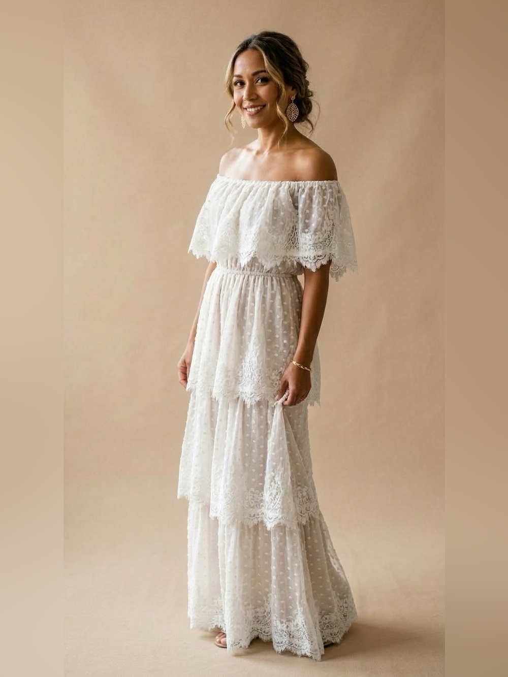 New! Show Me Your MuMu LANA Off Shoulder White Lace Tiered Midi Dress small